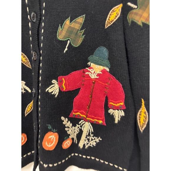 Vintage Halloween All Points Fall Scarecrow Leaves Cardigan Sweater - Picture 2 of 6